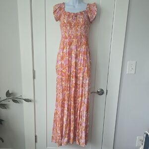 L*Space Smocked Maxi Dress Orange, Cream, And Purple Floral Puff Sleeve